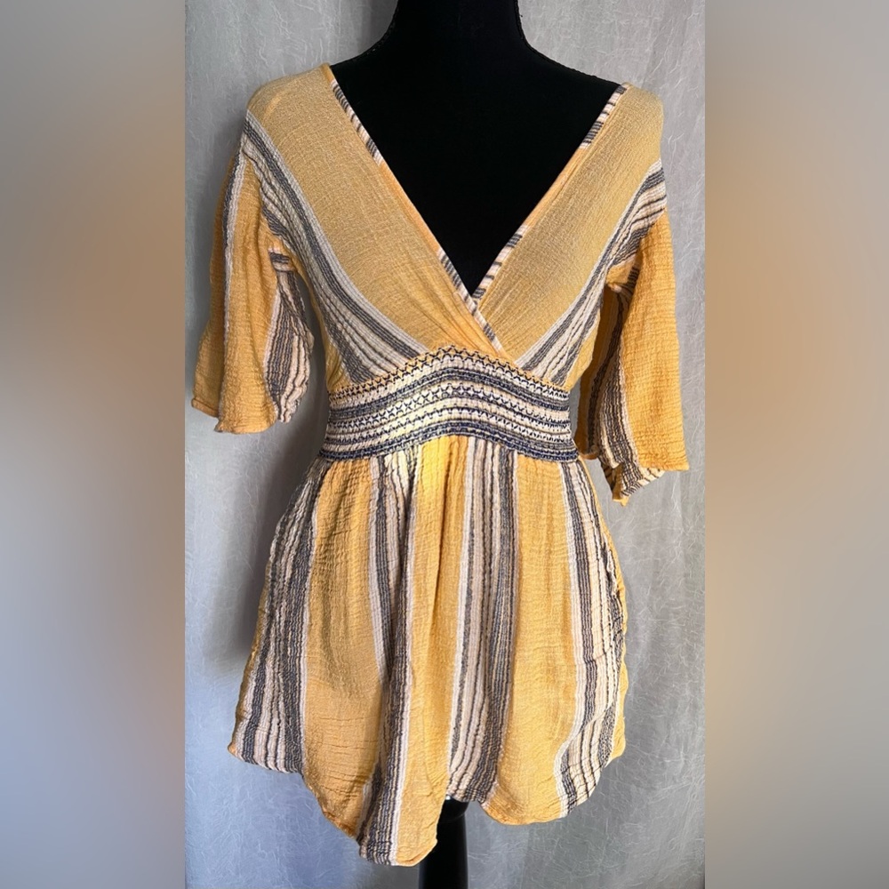 Blue island striped yellow blue and white mini dress